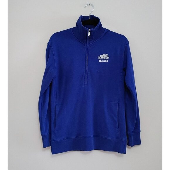 Roots 1/4 Zip Sweatshirt Women's Size XS Blue Long Sleeve Mock Neck Cotton Blend - Picture 1 of 3